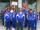 USAs delegation to the 2008 ARDF World Championships. Heads left to right are Bob Cooley, KF6VSE (M60); Ken Harker, WM5R (Juror); Jen Harker, W5JEN (W21); Dale Hunt, WB6BYU (Captain); Harley Leach, KI7XF (M60); Nadia Scharlau (W35); George Neal, KF6YKN (M50); Scott Moore, KF6IKO (M40); Vadim Afonkin (M40); Jay Thompson, W6JAY (M21); Charles Scharlau, NZ0I (M40), and Jay Hennigan, WB6RDV (M50). Not pictured is Richard Thompson, WA6NOL. [Photo courtesy Vadim Afonkin]